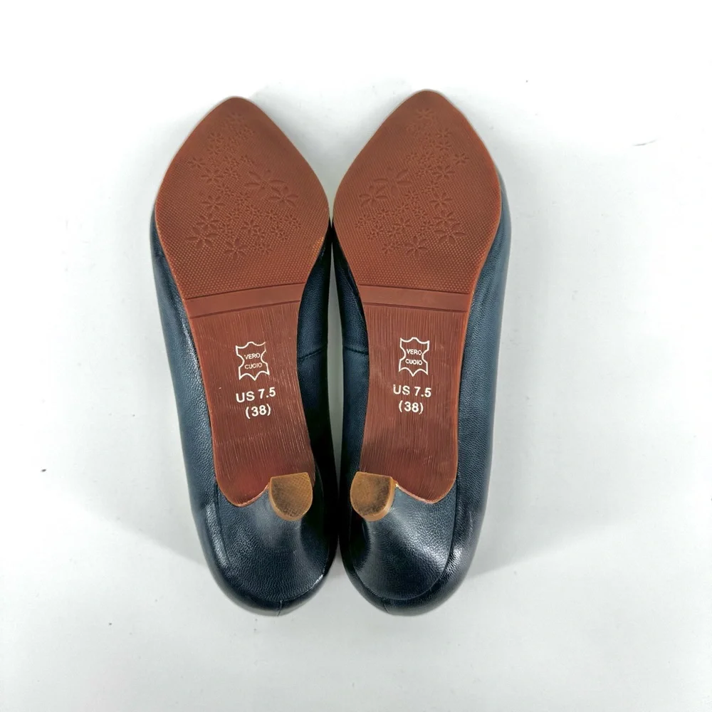 Mona Flying Leather Retro Pointed Toe Pumps Comfort Heels in Teal Size 7.5